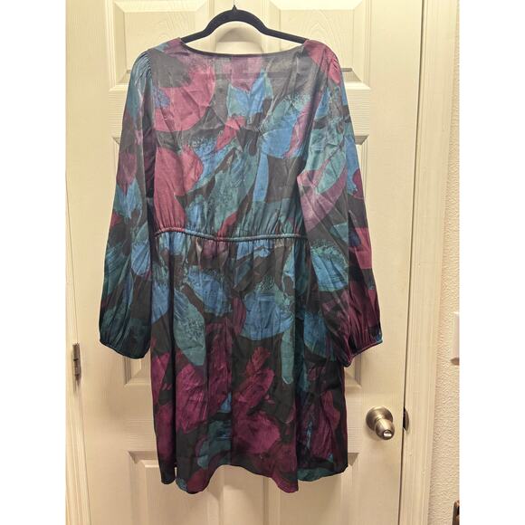 NWT Ava & Viv XXL Blue Purple Abstract Floral Leaf Faux Wrap Long Sleeve Dress - Picture 3 of 8